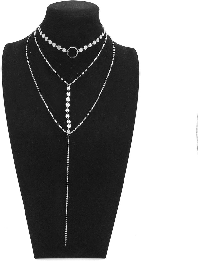 Suyi Stylish Layered Sequins Choker Necklace with Thin Long Chian Pendant for Women Lady - Image 5